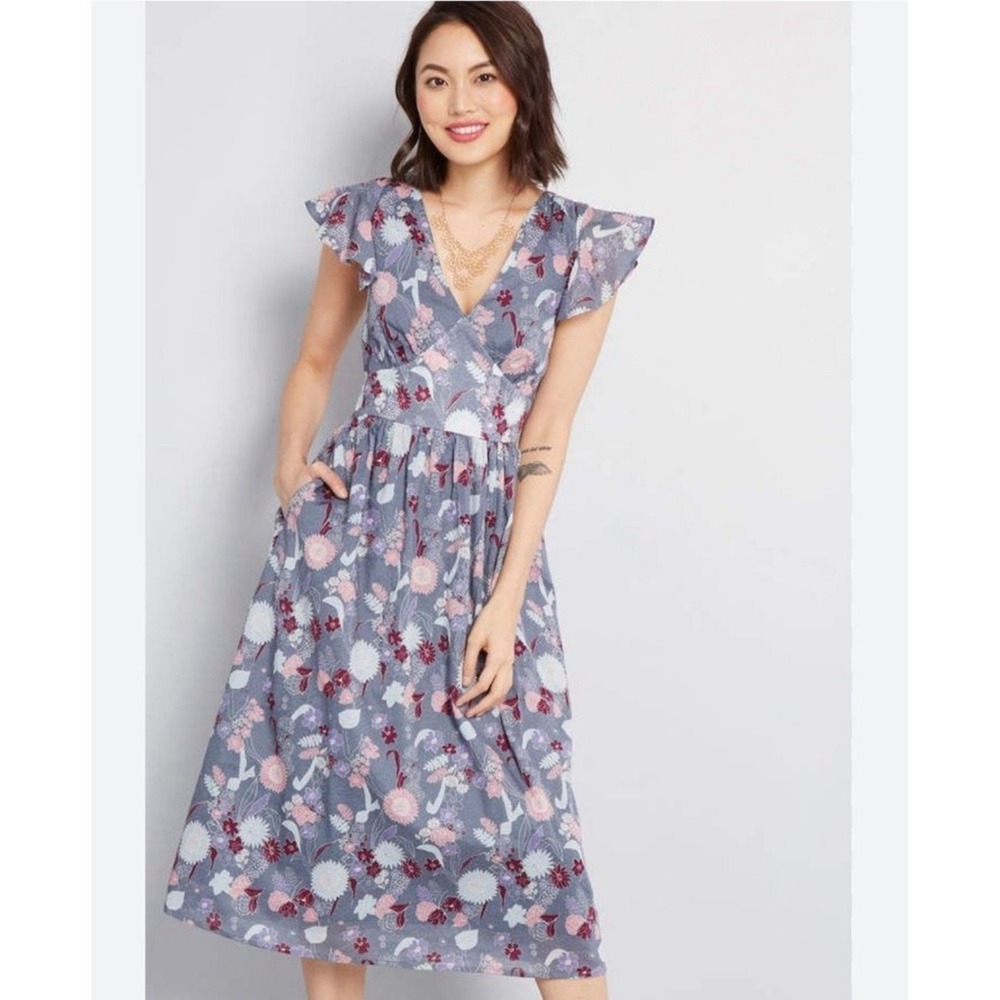 NWT ModCloth Truly You Floral Cotton Midi Dress Flutter Sleeve Blue Women's M